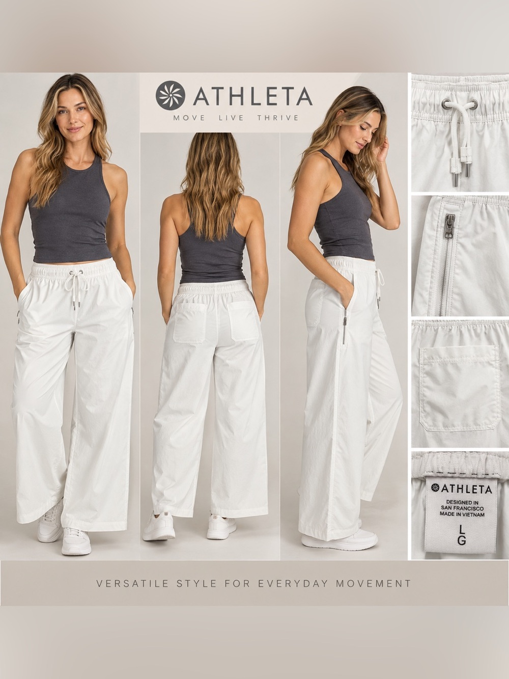 Athleta Promenade High Rise Wide Leg Cargo Pants White Size L